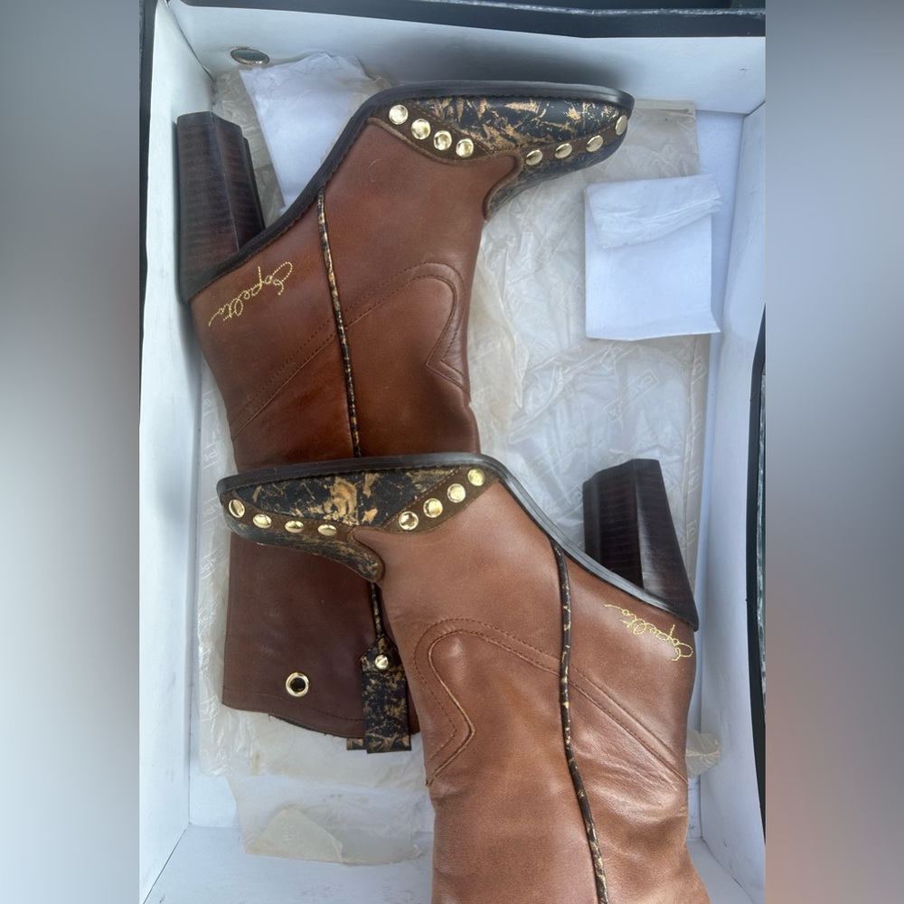 WOMENS Capelta brown leather size 38 / 8 gold studded boots